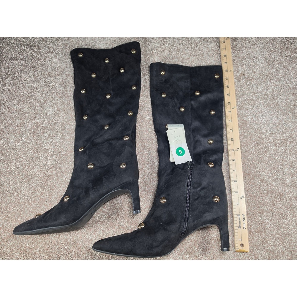 A New Day Justice Black Faux Suede Gold Studded Pointed Toe Stiletto Boots 9